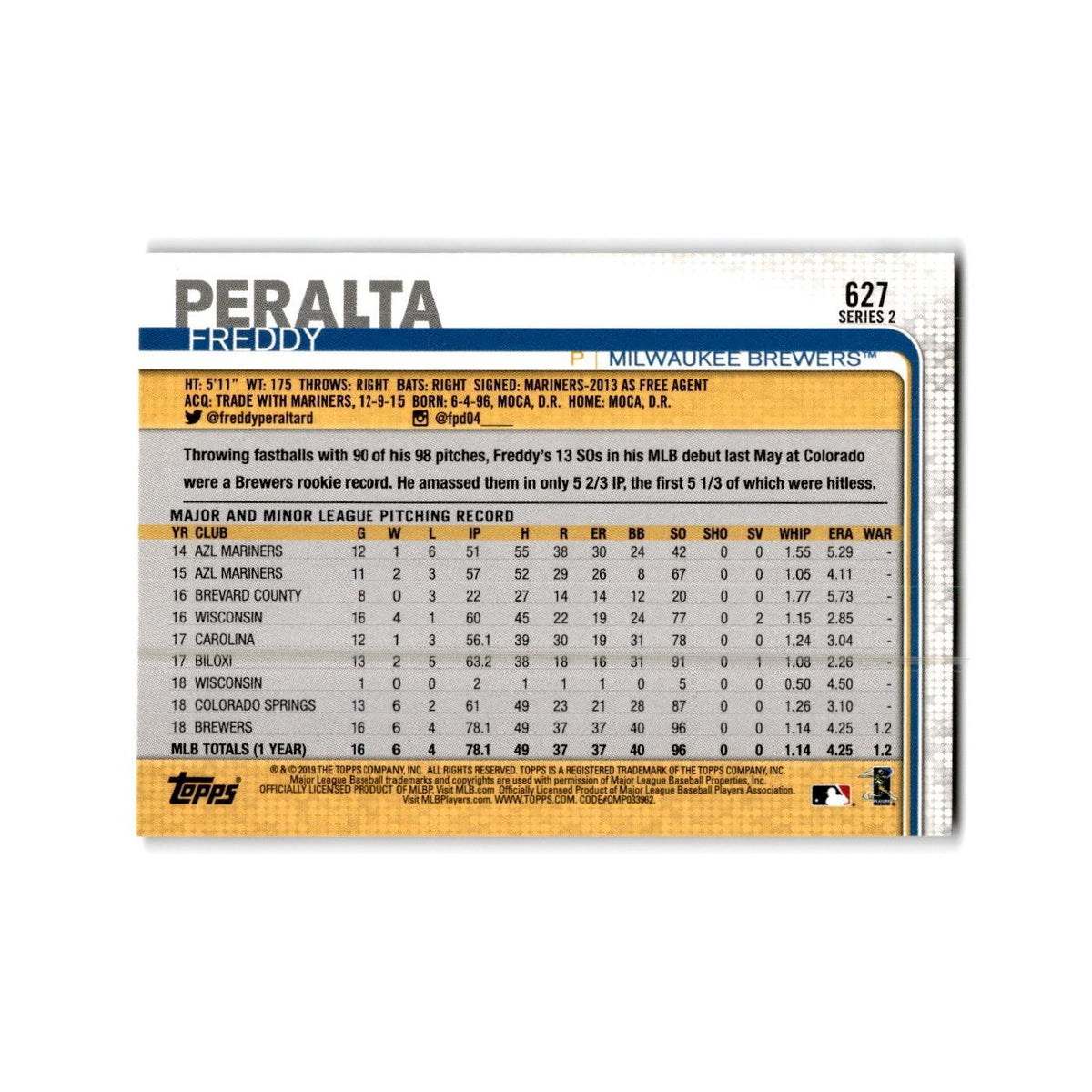 Freddy Peralta 2019 Topps #627 Milwaukee Brewers Baseball Card NM