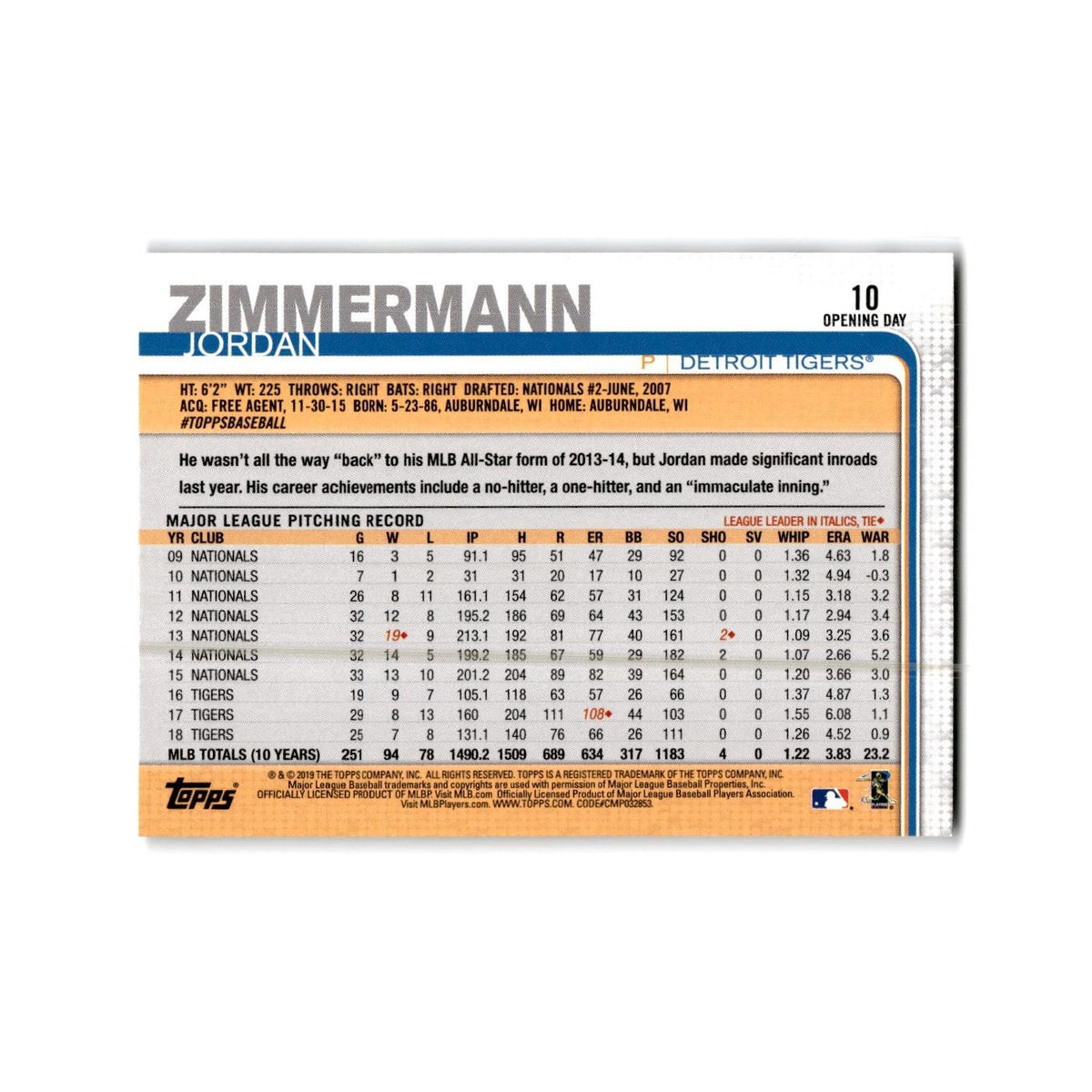 Jordan zimmerman Opening Day 2019 Topps #10 Detroit Tigers Baseball Card NM