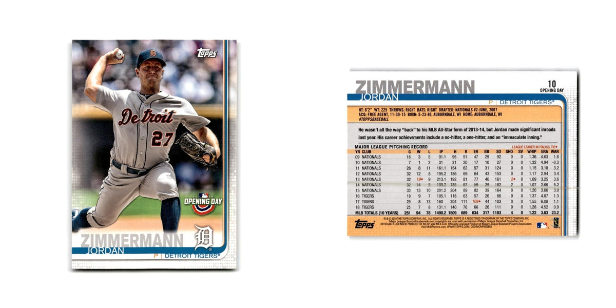 Jordan zimmerman Opening Day 2019 Topps #10 Detroit Tigers Baseball Card NM