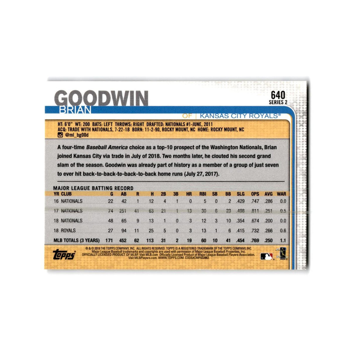 Brian Goodwin 2019 Topps #640 Kansas City Royals Baseball Card NM