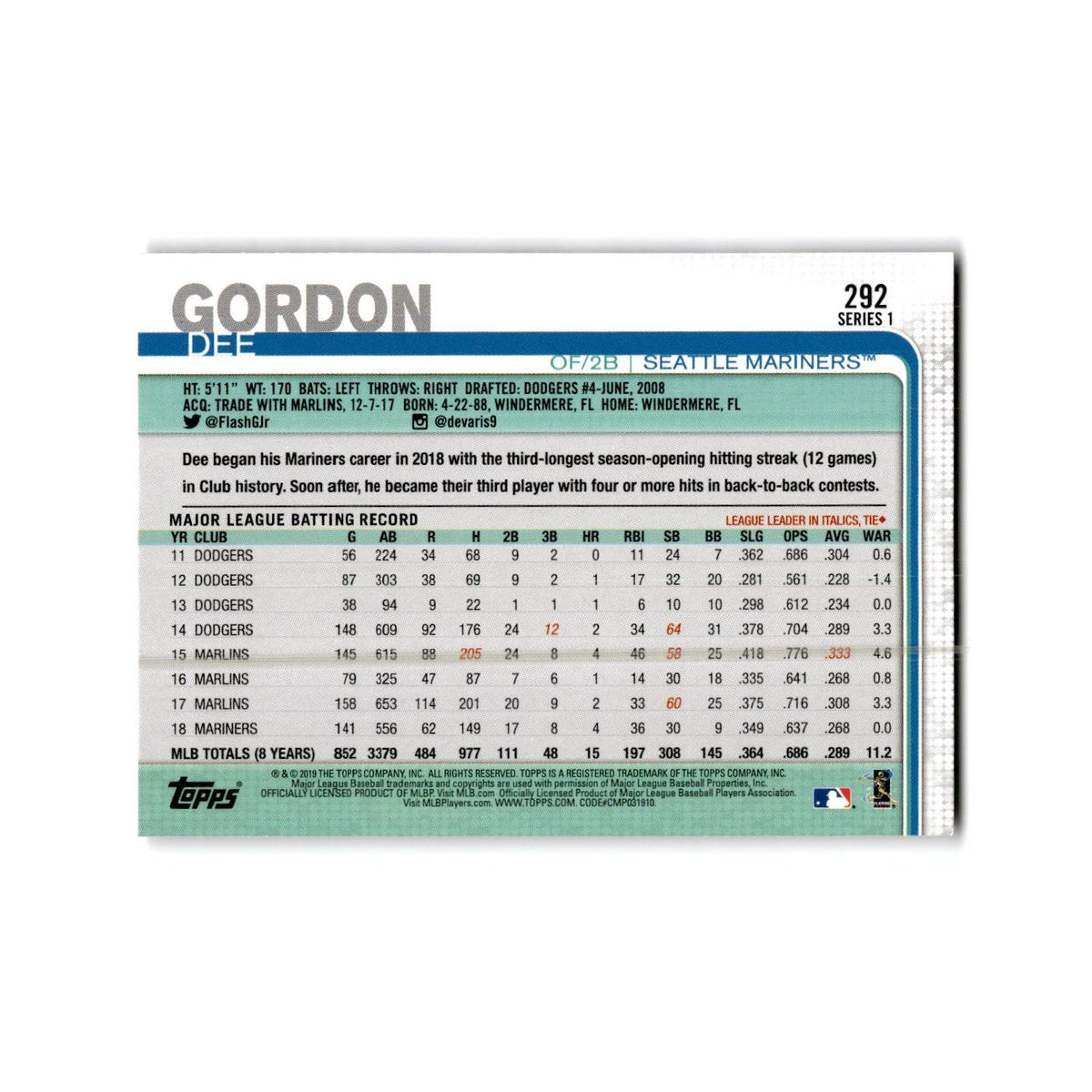 Dee Gordon 2019 Topps #292 Seattle Mariners Baseball Card NM