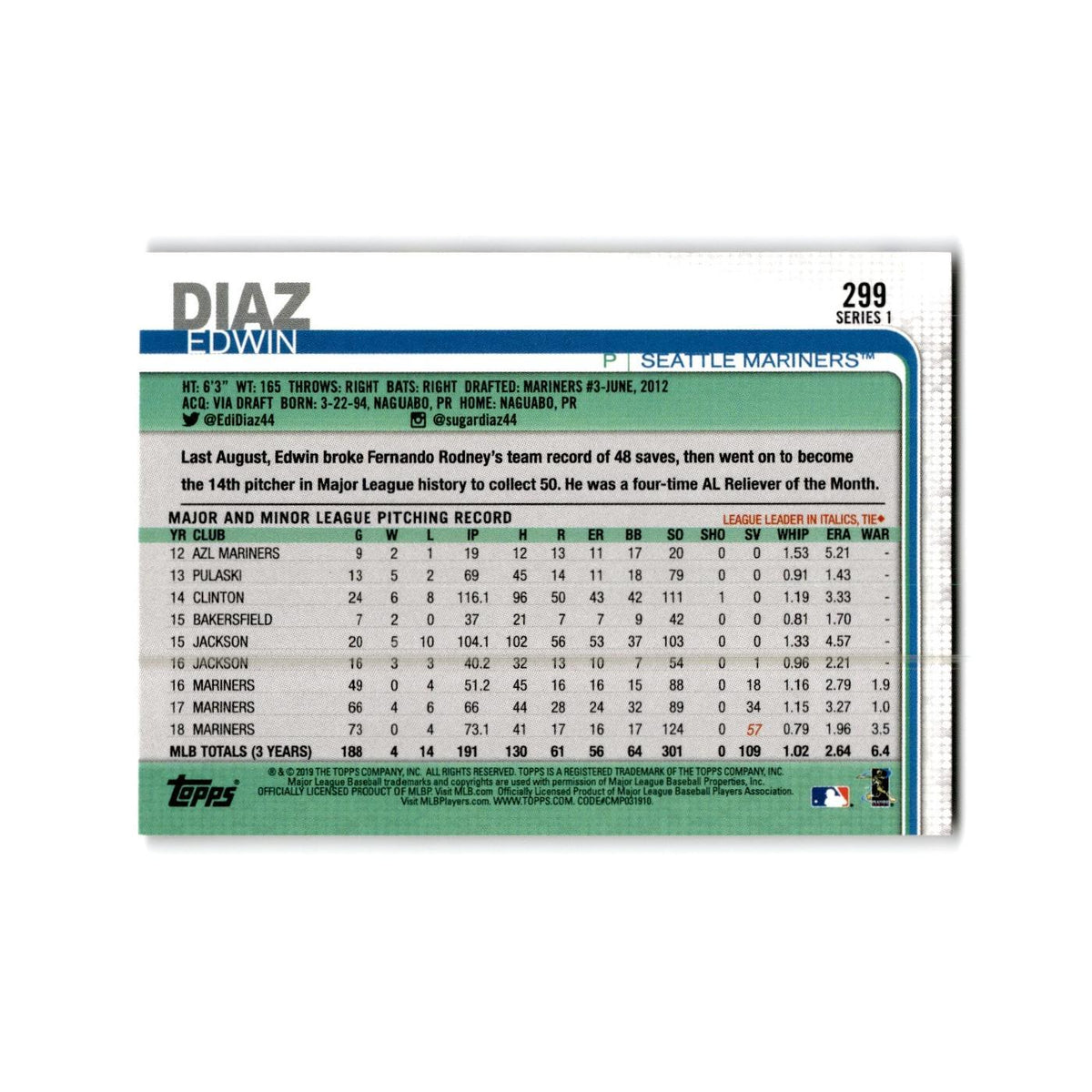 Edwin Diaz 2019 Topps #299 Seattle Mariners Baseball Card NM