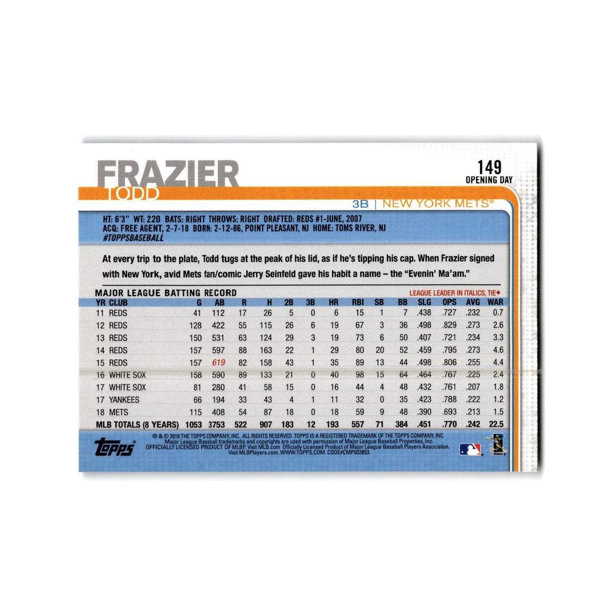 Todd Frazier Opening Day 2019 Topps #149 New York Mets Baseball Card NM