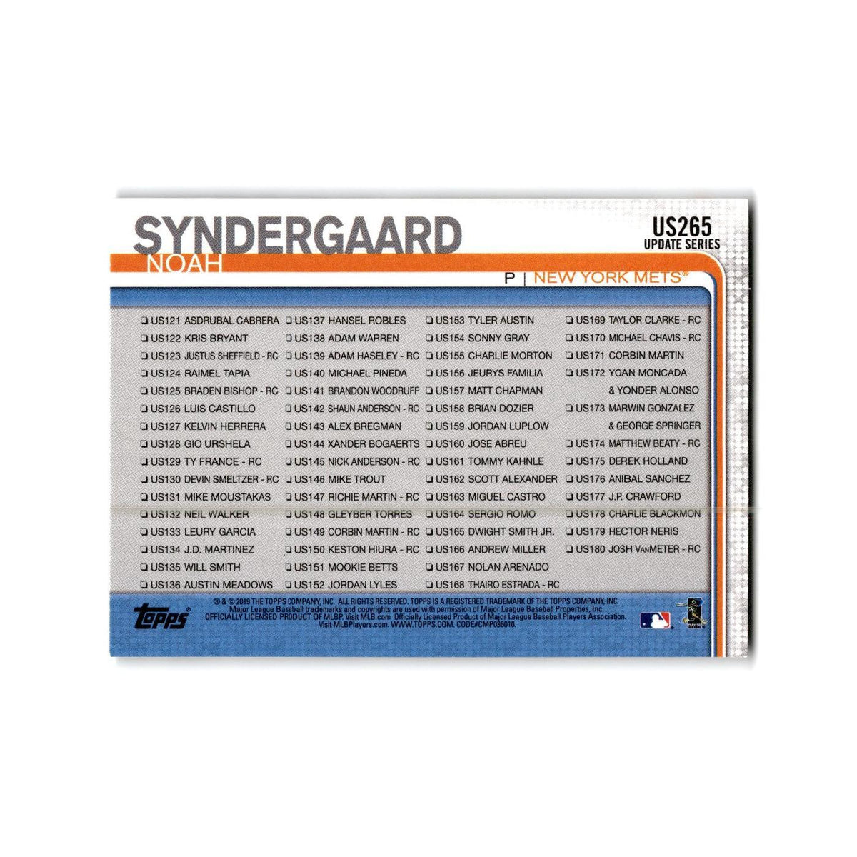 HR & Shutout Syndergaard 2019 Topps #US265 New York Mets Baseball Card NM