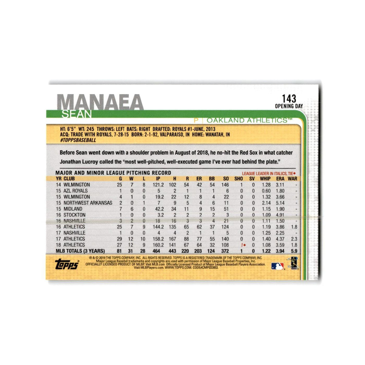 Sean Manaea Opening Day 2019 Topps #143 Oakland Athletics Baseball Card NM