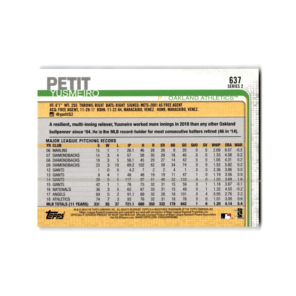 Yusmeiro Petit 2019 Topps #637 Oakland Athletics Baseball Card NM