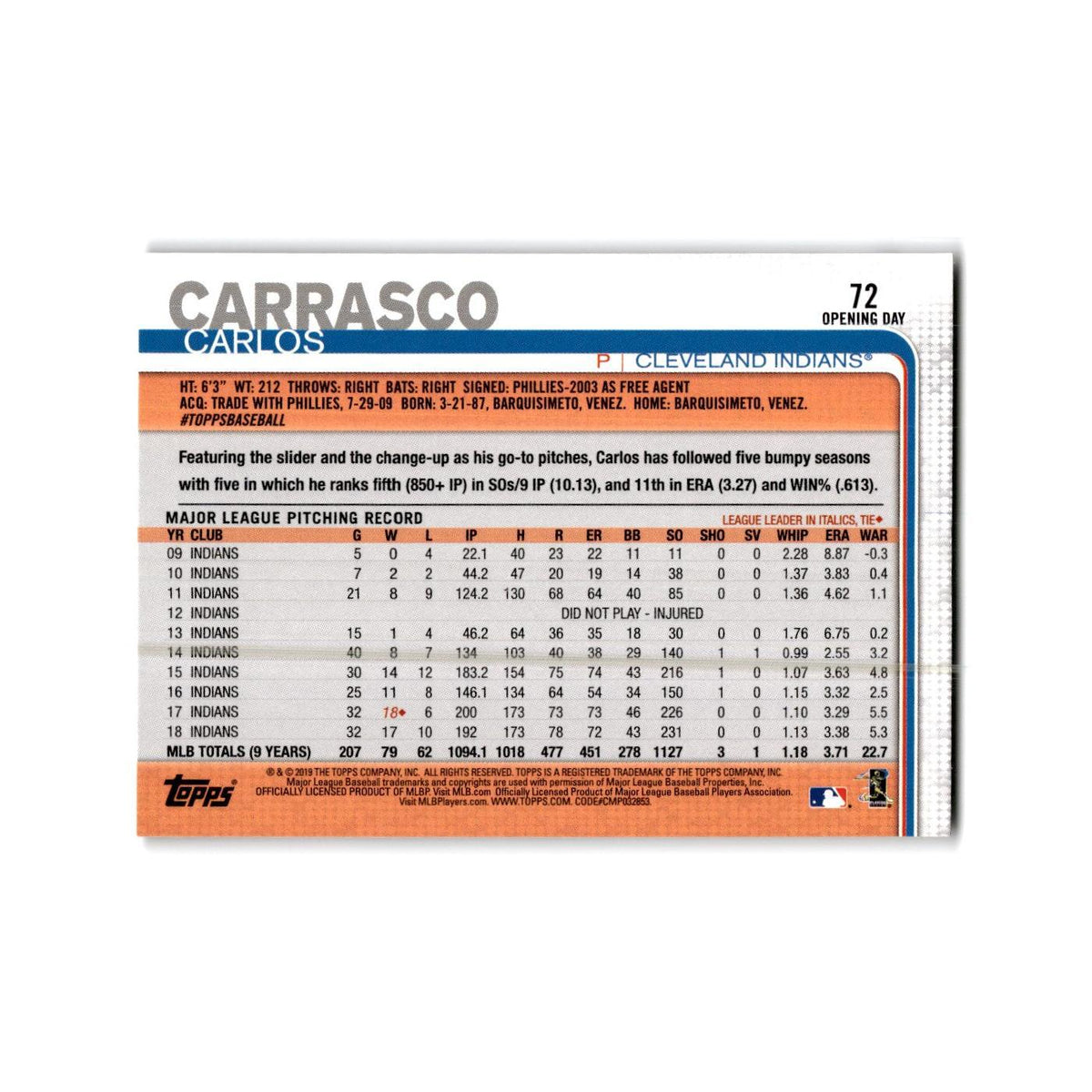 Carlos Carrasco Opening Day 2019 Topps #72 Cleveland Indians Baseball Card NM