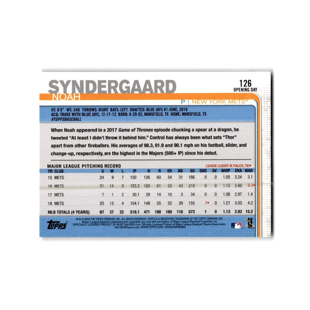 Noah Syndergaard Opening Day 2019 Topps #126 New York Mets Baseball Card NM
