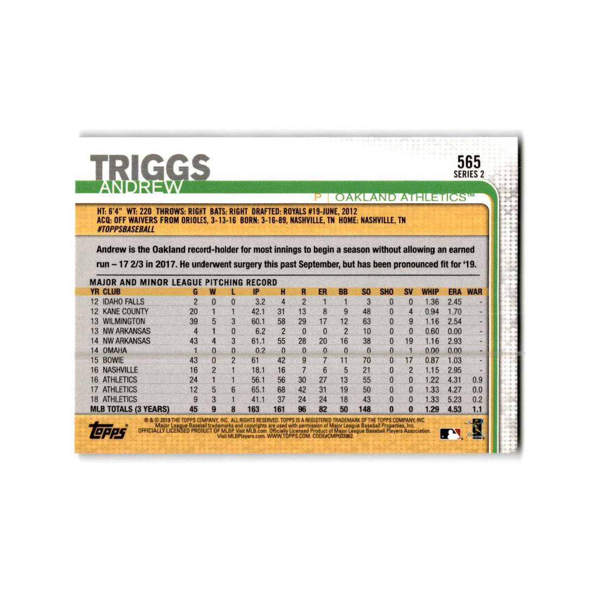 Andrew Triggs 2019 Topps #565 Oakland Athletics Baseball Card NM