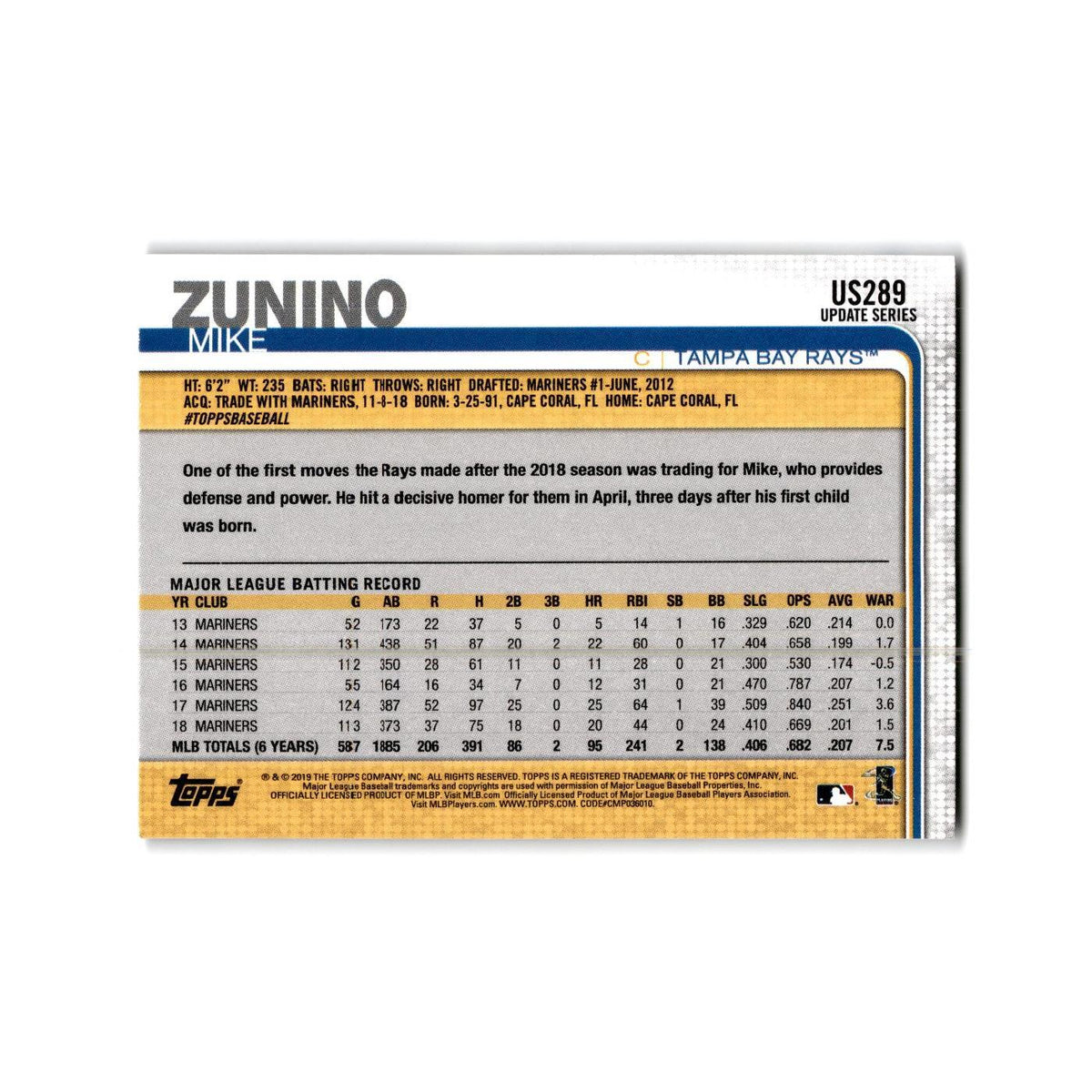 Mike Zunino 2019 Topps #US289 Tampa Bay Rays Baseball Card NM