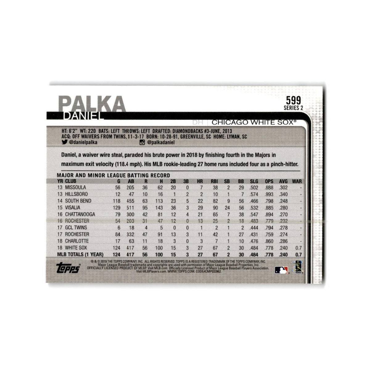 Daniel Palka 2019 Topps #599 Chicago White Sox Baseball Card NM