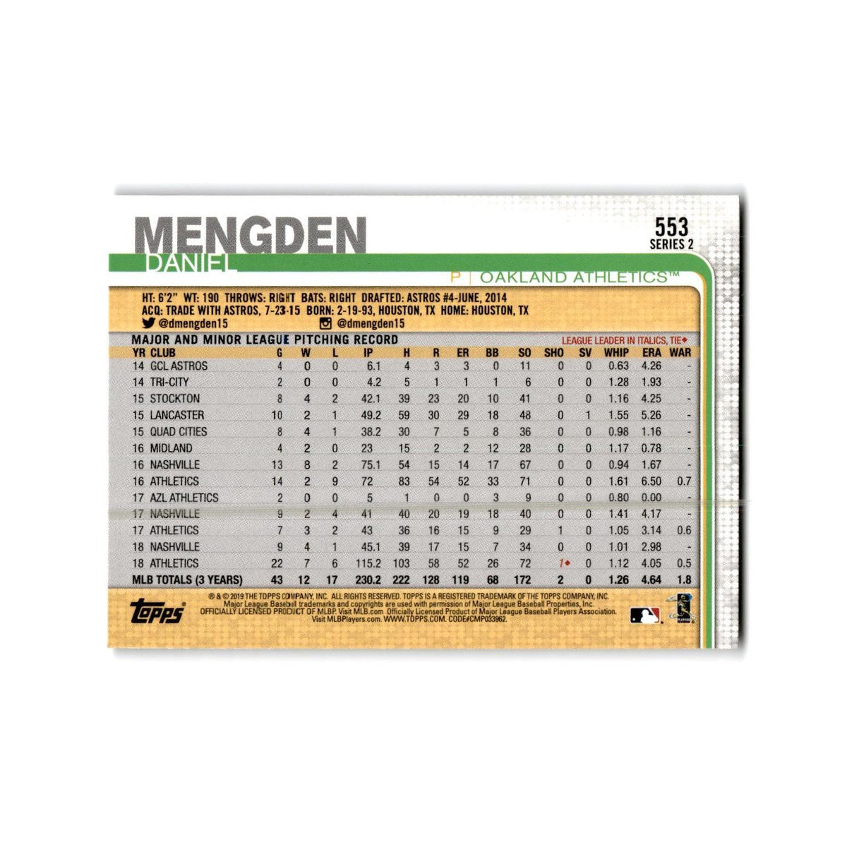 Daniel Mengden 2019 Topps #553 Oakland Athletics Baseball Card NM