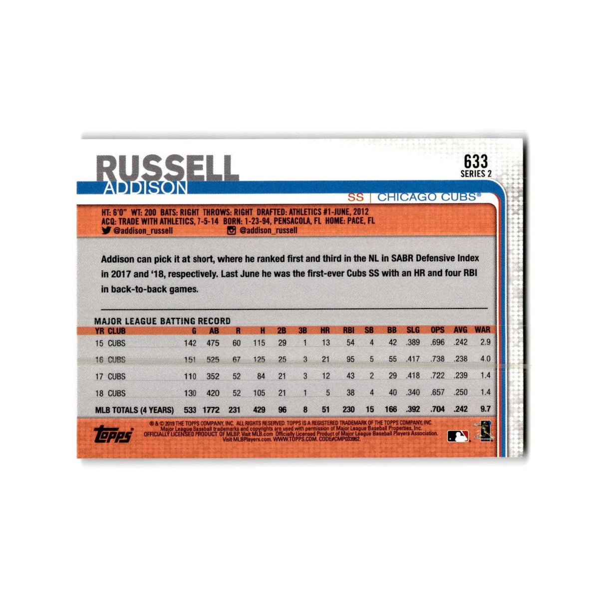 Addison Russell 2019 Topps #633 Chicago Cubs Baseball Card NM