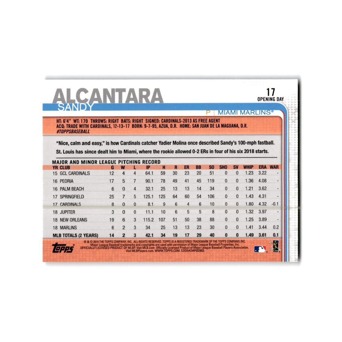 Sandy Alcantara Opening Day 2019 Topps #17 Miami Marlins Baseball Card NM