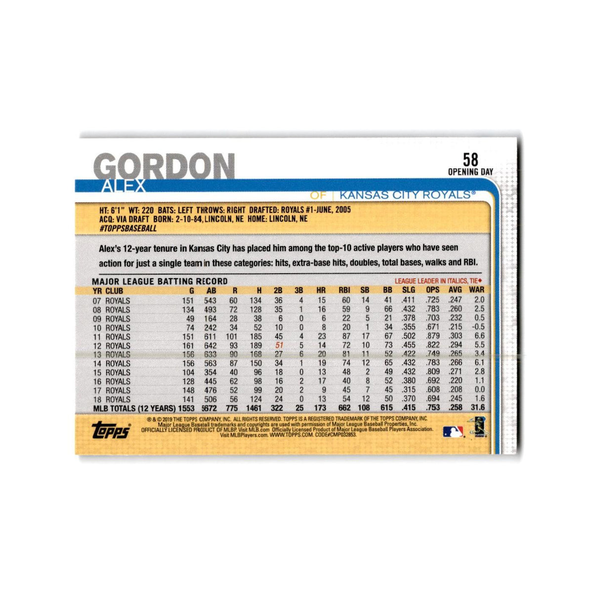 Alex Gordon Opening Day 2019 Topps #58 Kansas City Royals Baseball Card NM