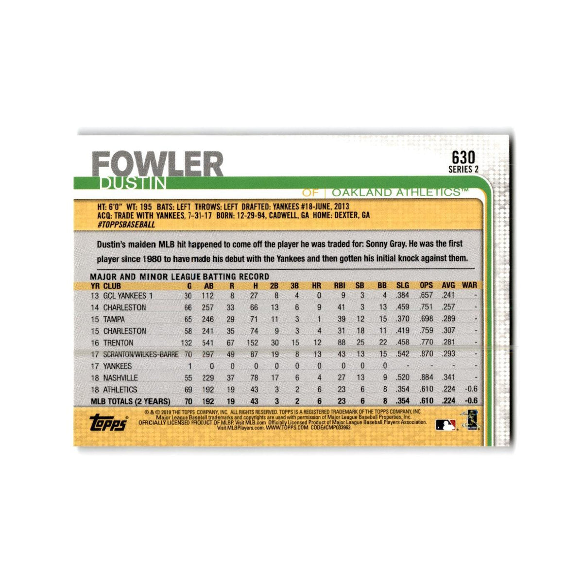 Dustin Fowler 2019 Topps #630 Oakland Athletics Baseball Card NM