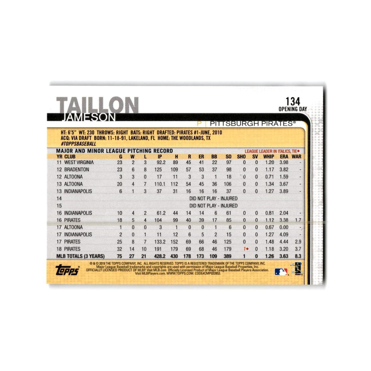 Jameson Taillon Opening Day 2019 Topps #134 Pittsburgh Pirates Baseball Card NM