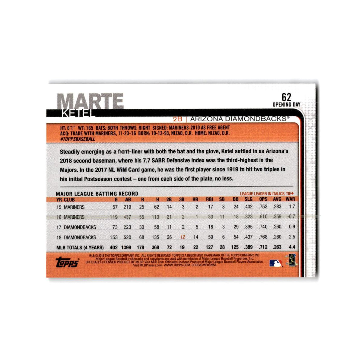 Ketel Marte Opening Day 2019 Topps #62 Arizona Diamondbacks Baseball Card NM