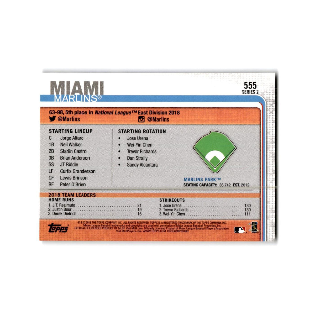 Marlins Park 2019 Topps #355 Miami Marlins Baseball Card NM