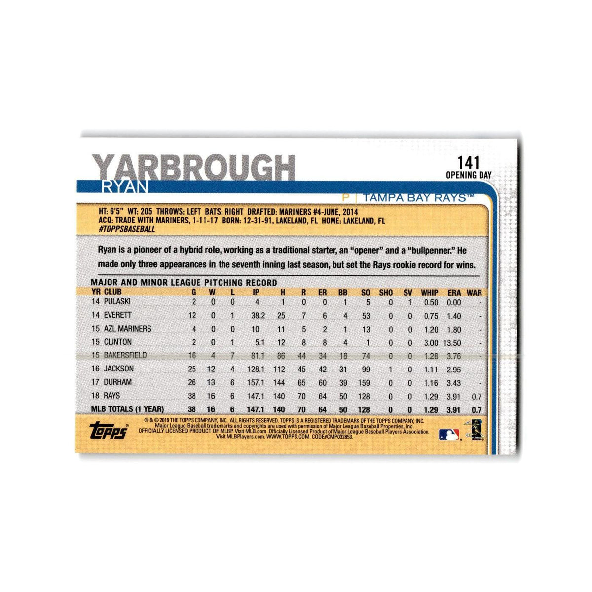 Ryan Yarbrough Opening Day 2019 Topps #141 Tampa Bay Rays Baseball Card NM