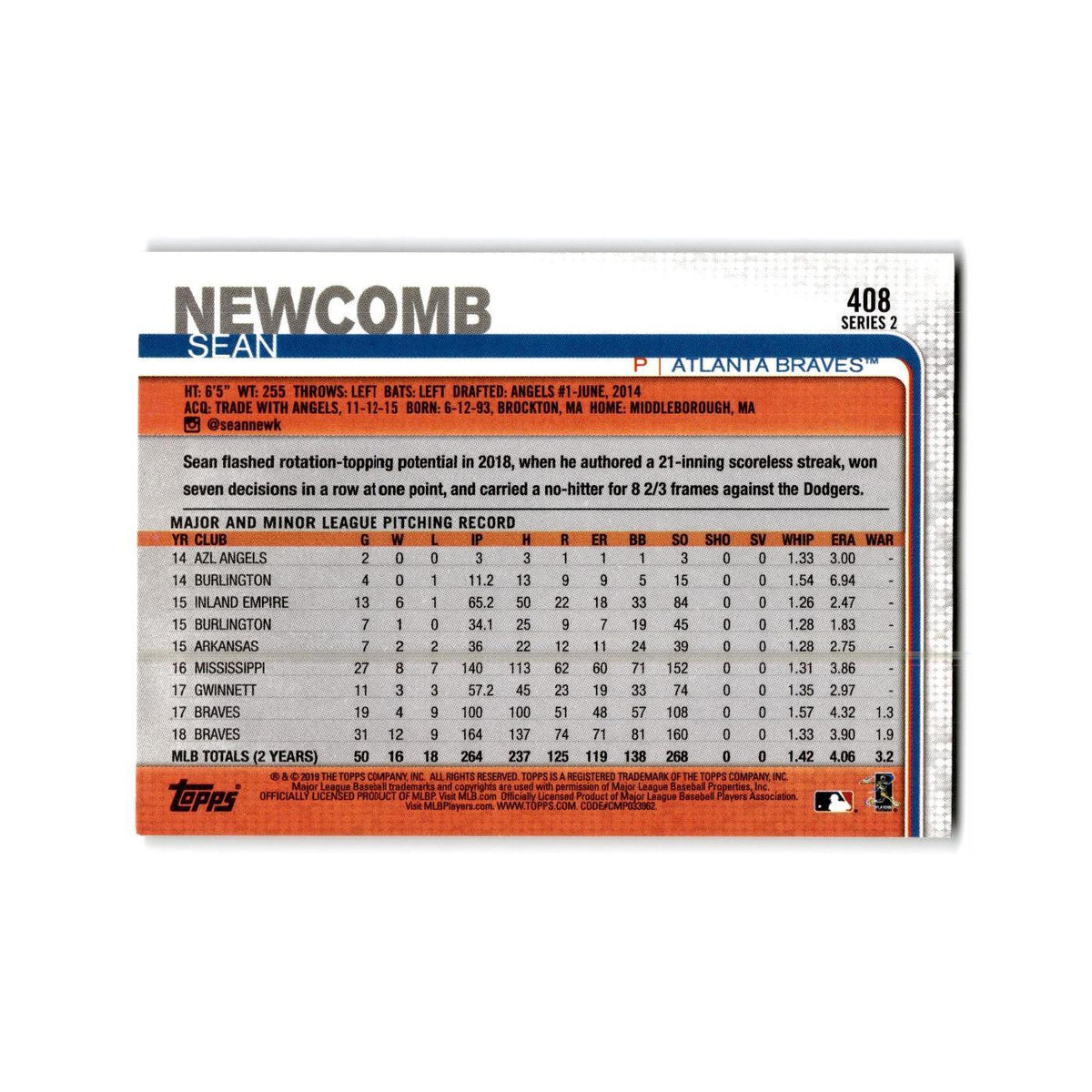 Sean Newcomb 2019 Topps #408 Atlanta Braves Baseball Card NM