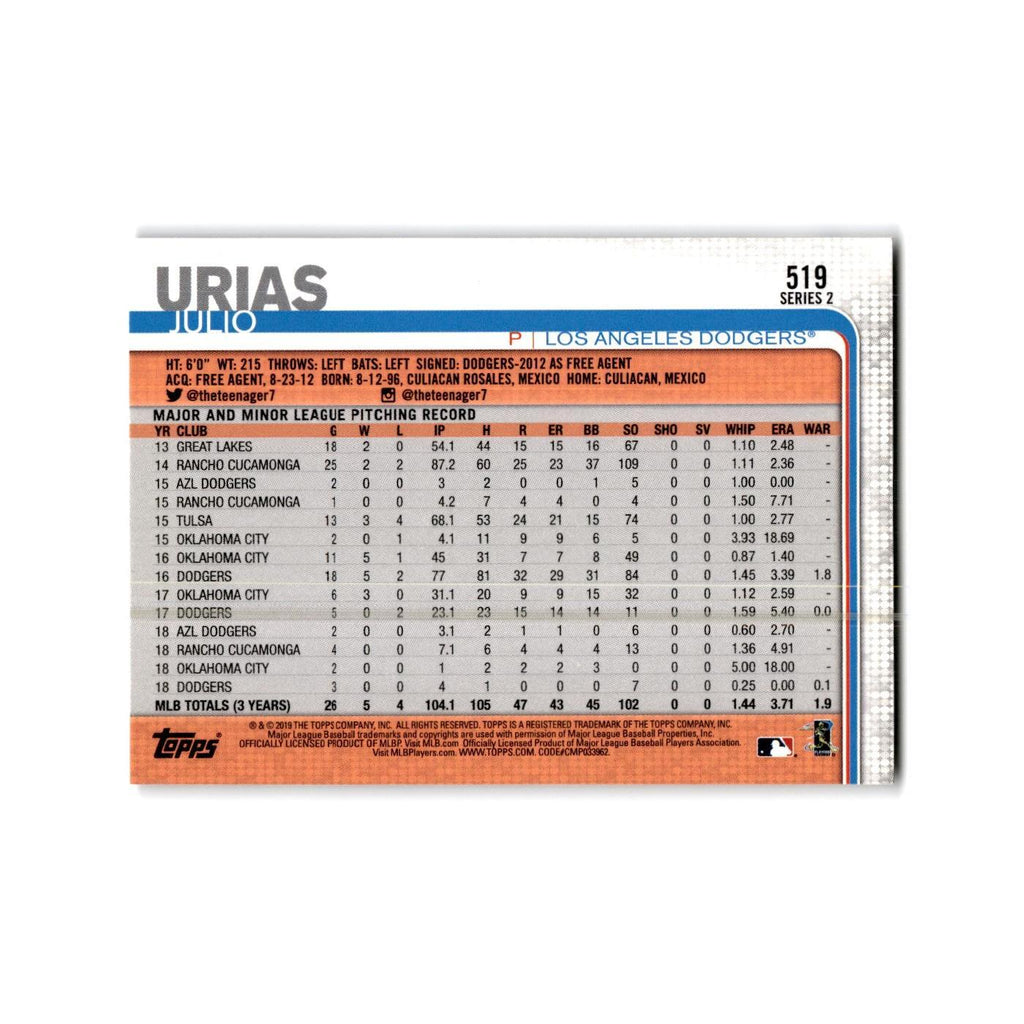 Julio Urias 2019 Topps #519 Los Angeles Dodgers Baseball Card NM