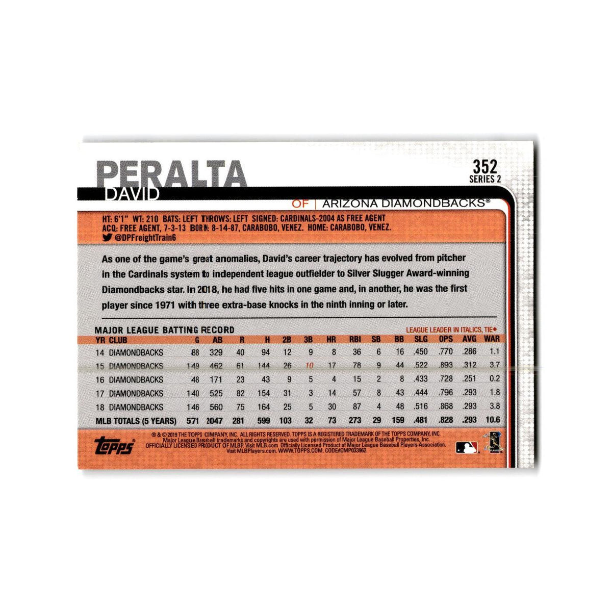 David Peralta 2019 Topps #352 Arizona Diamondbacks Baseball Card NM