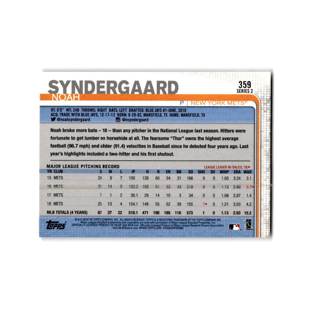 Noah Syndergaard 2019 Topps #359 New York Mets Baseball Card NM
