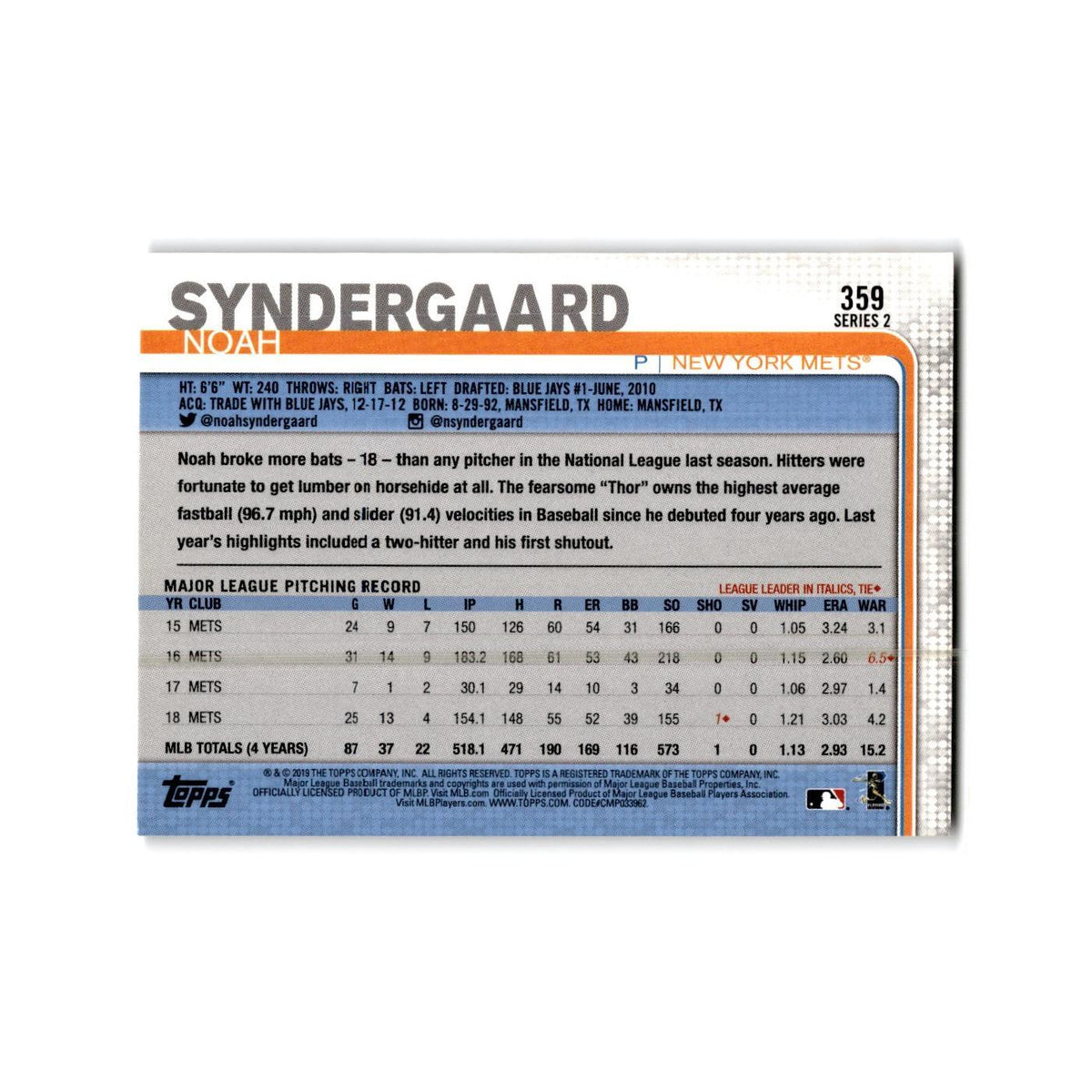 Noah Syndergaard 2019 Topps #359 New York Mets Baseball Card NM