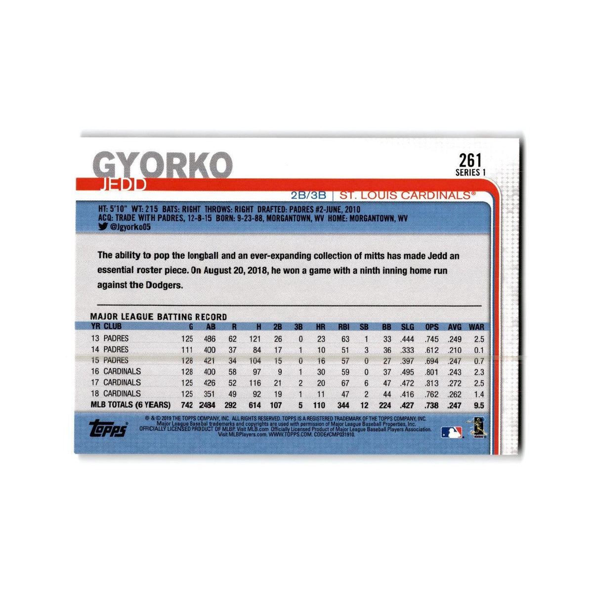 Jedd Gyorko 2019 Topps #261 St. Louis Cardinals Baseball Card NM