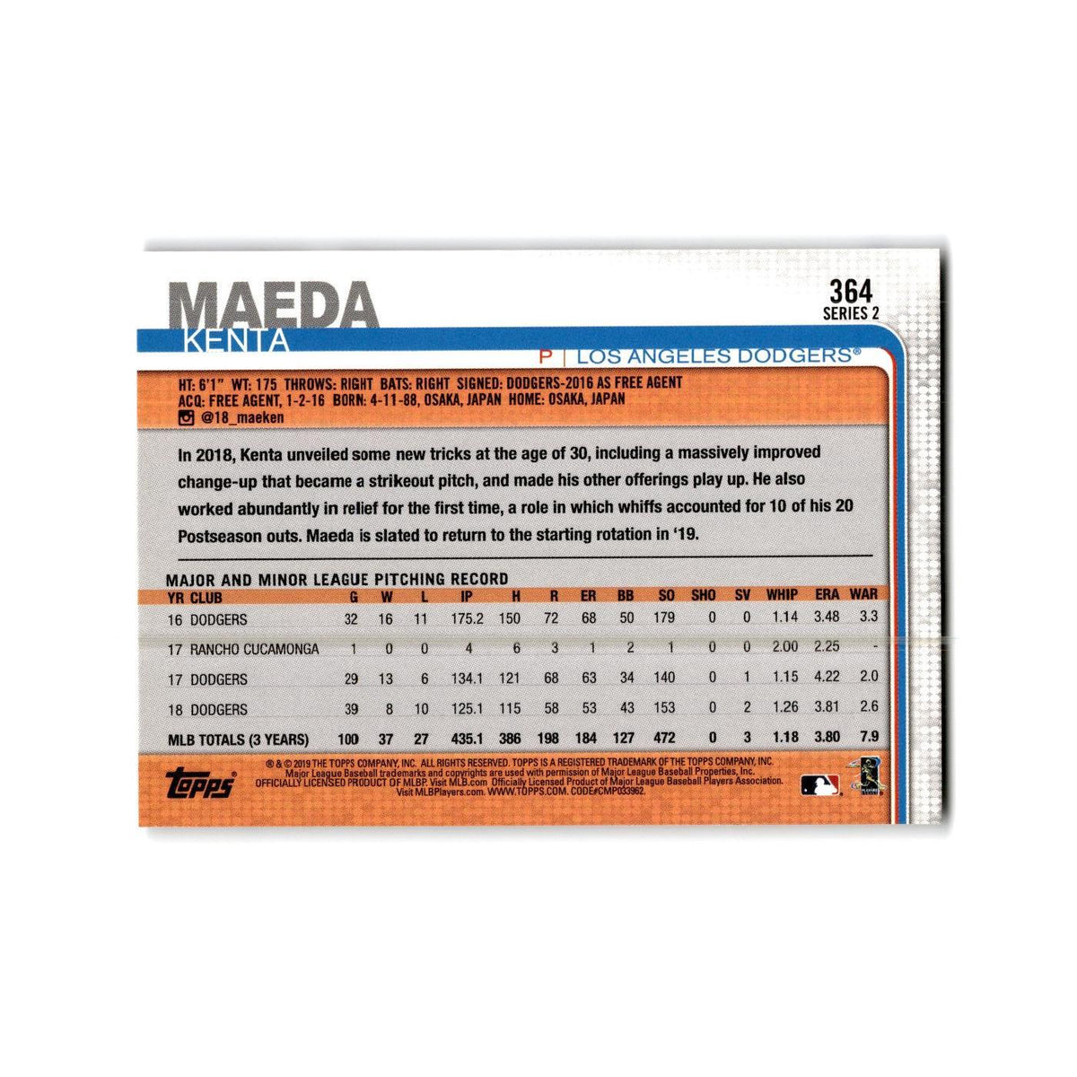 Kenta Maeda 2019 Topps #364 Los Angeles Dodgers Baseball Card NM