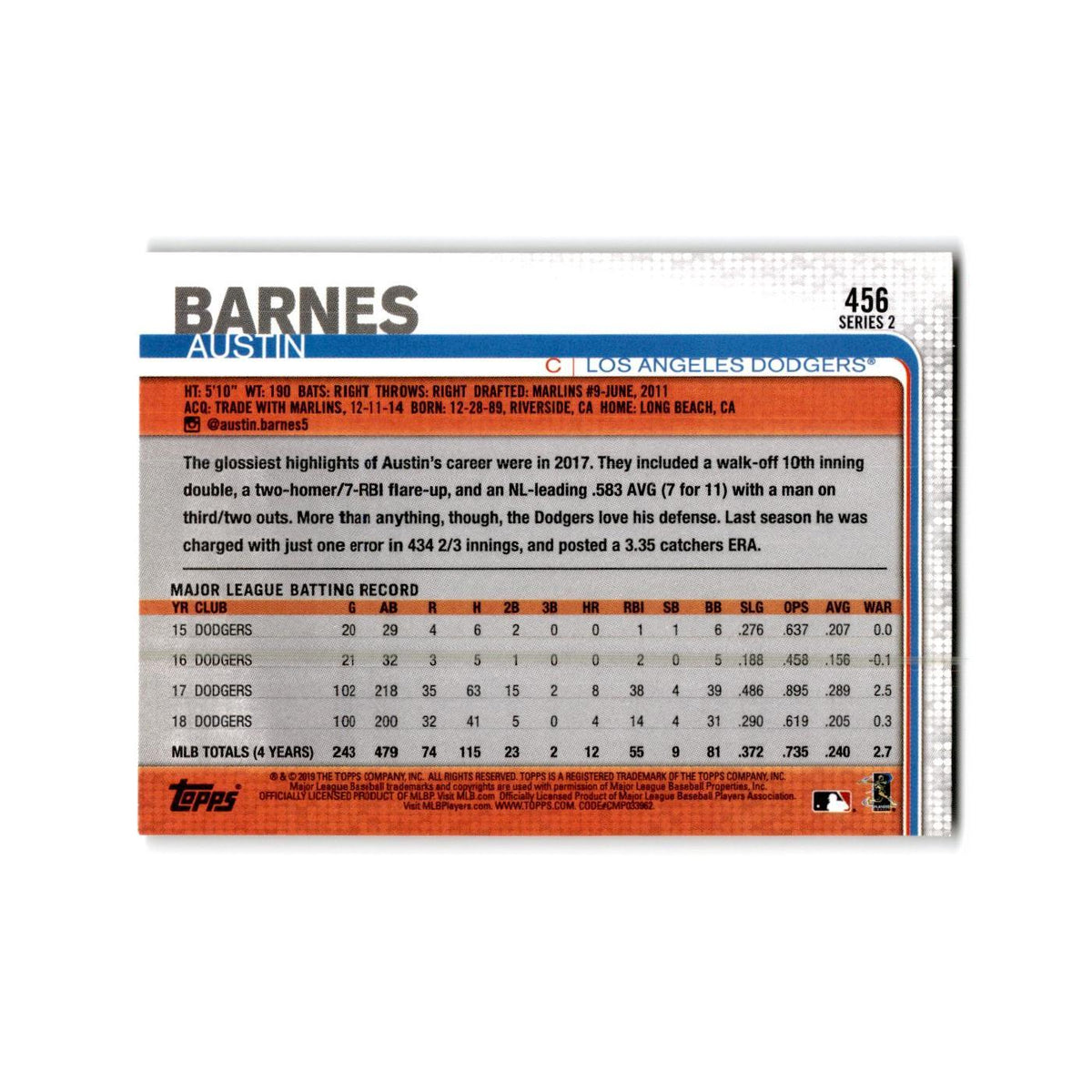 Austin Barnes 2019 Topps #456 Los Angeles Dodgers Baseball Card NM