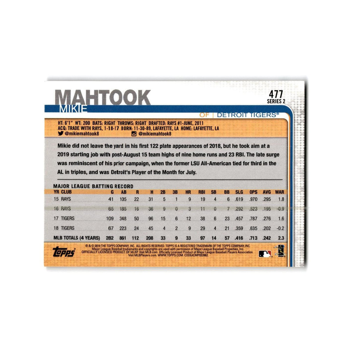 Mikie Mahtook 2019 Topps #477 Detroit Tigers Baseball Card NM