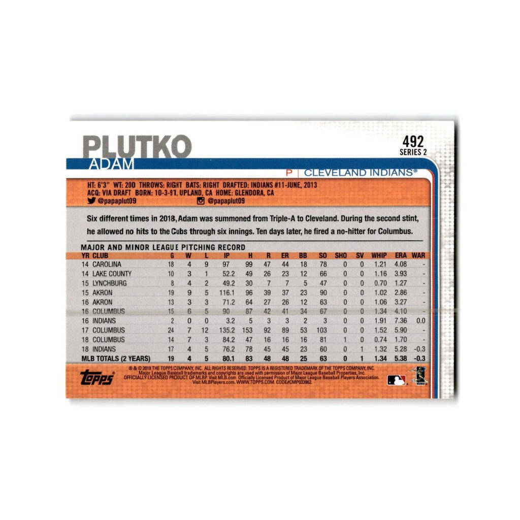 Adam Plutko 2019 Topps #492 Cleveland Indians Baseball Card NM