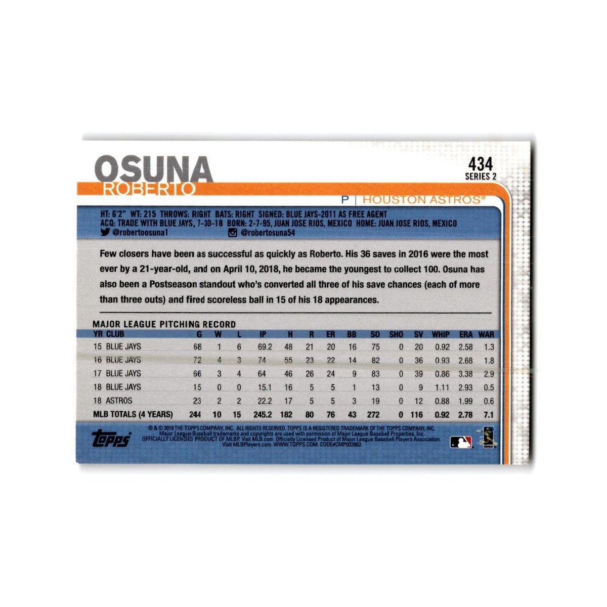 Roberto Osuna 2019 Topps #434 Houston Astros Baseball Card NM