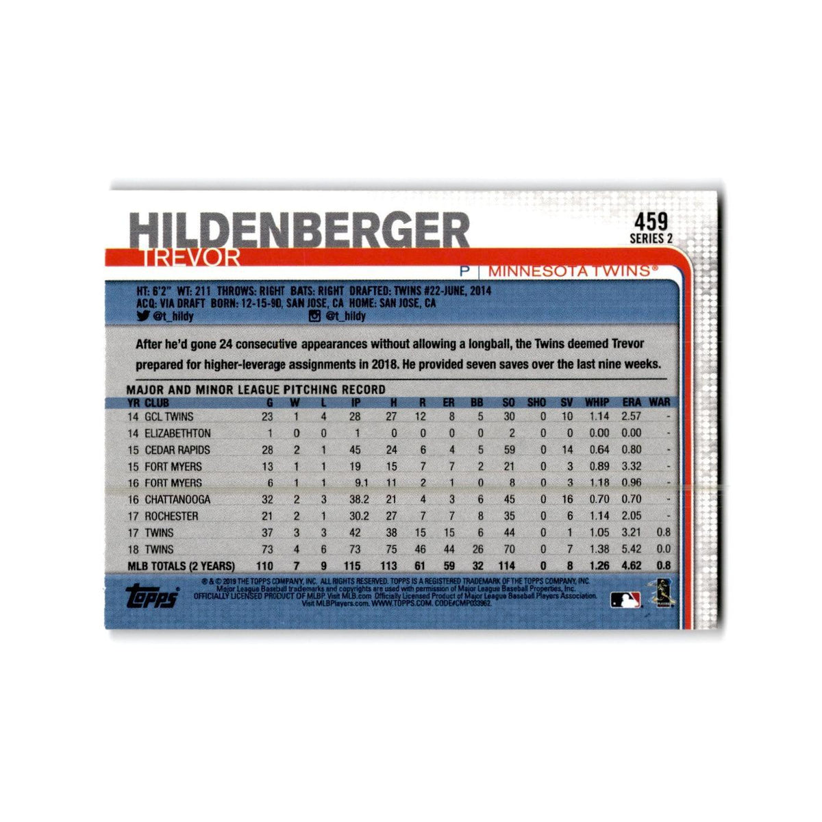 Trevor Hildenberger 2019 Topps #459 Minnesota Twins Baseball Card NM