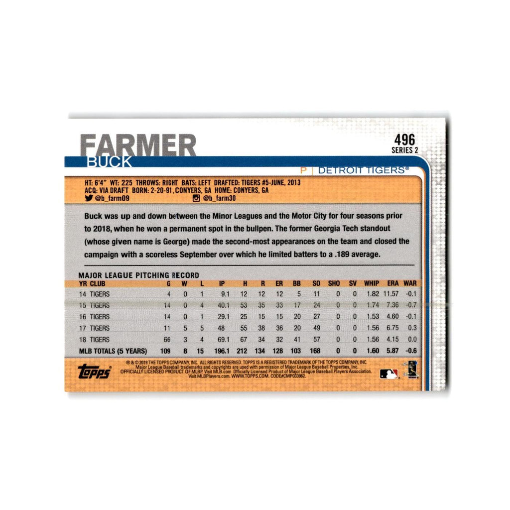 Buck Farmer 2019 Topps #496 Detroit Tigers Baseball Card NM