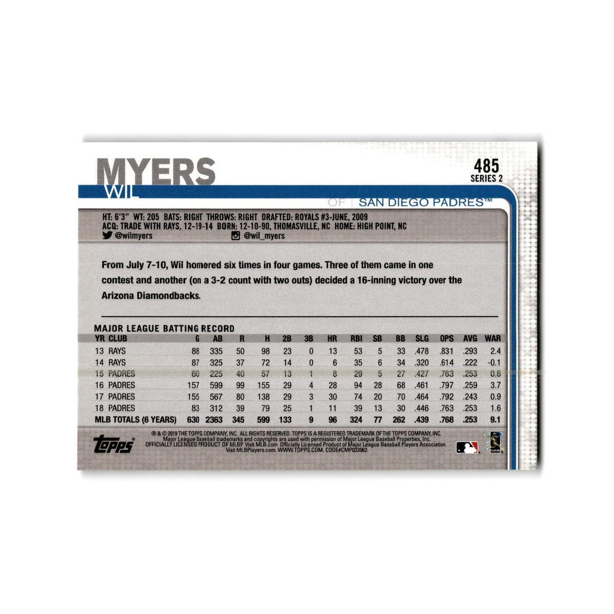 Wil Myers 2019 Topps #485 San Diego Padres Baseball Card NM