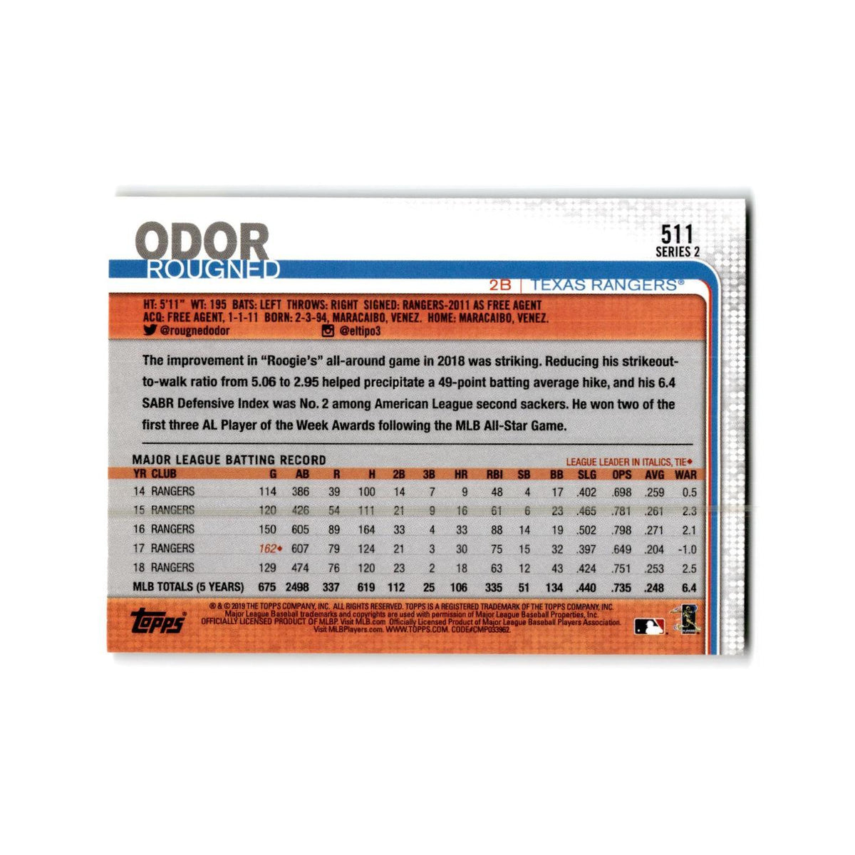 Rougned Odor 2019 Topps #511 Texas Rangers Baseball Card NM