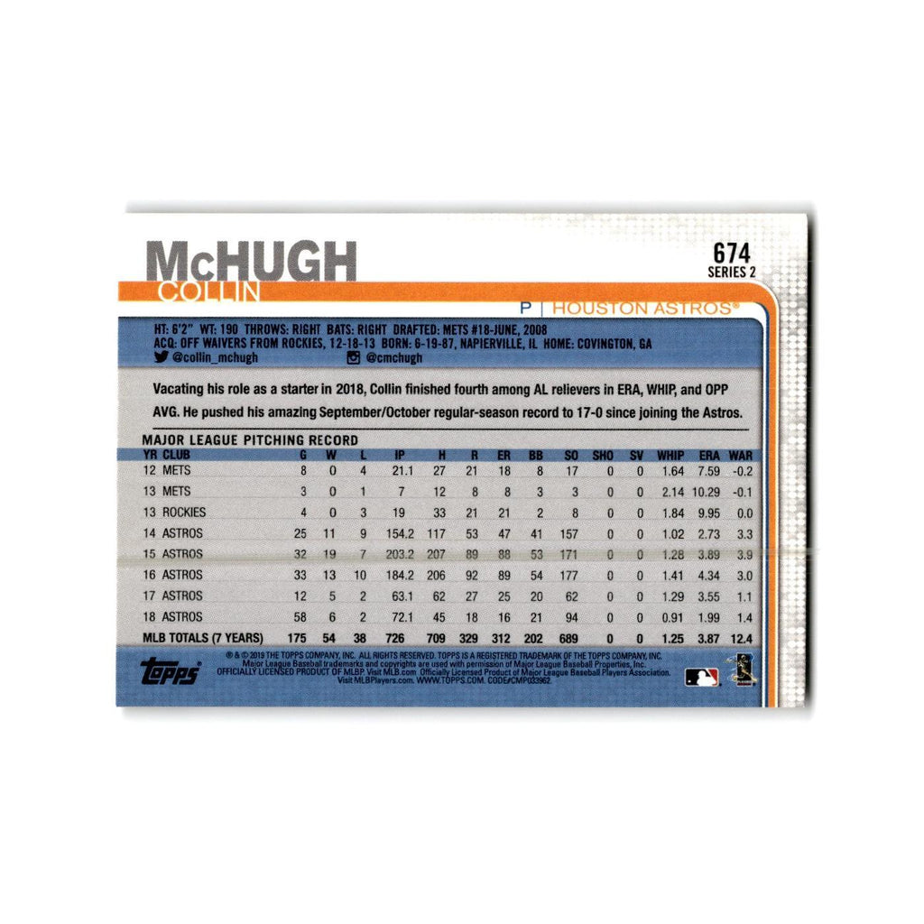 Collin McHugh 2019 Topps #674 Houston Astros Baseball Card NM