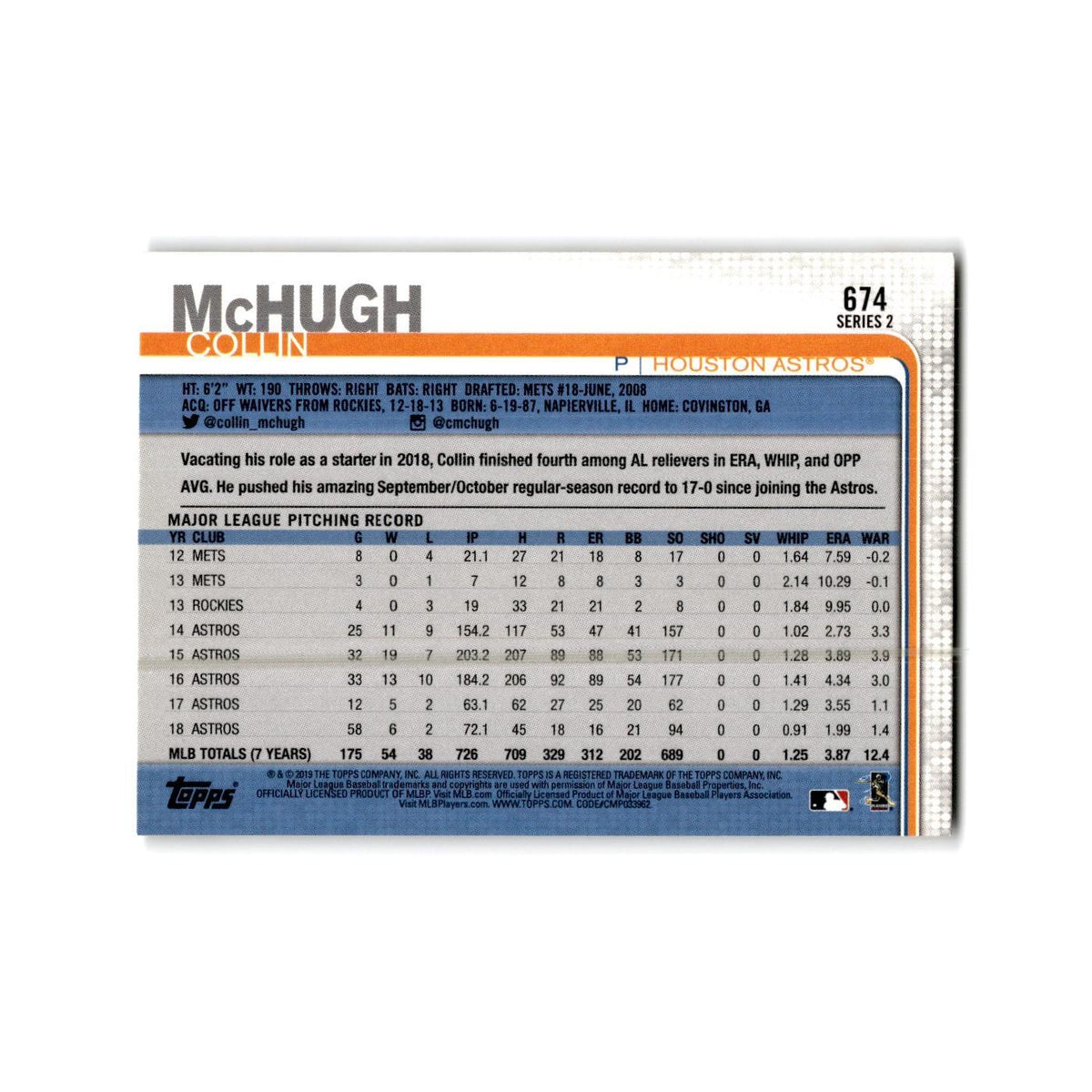 Collin McHugh 2019 Topps #674 Houston Astros Baseball Card NM