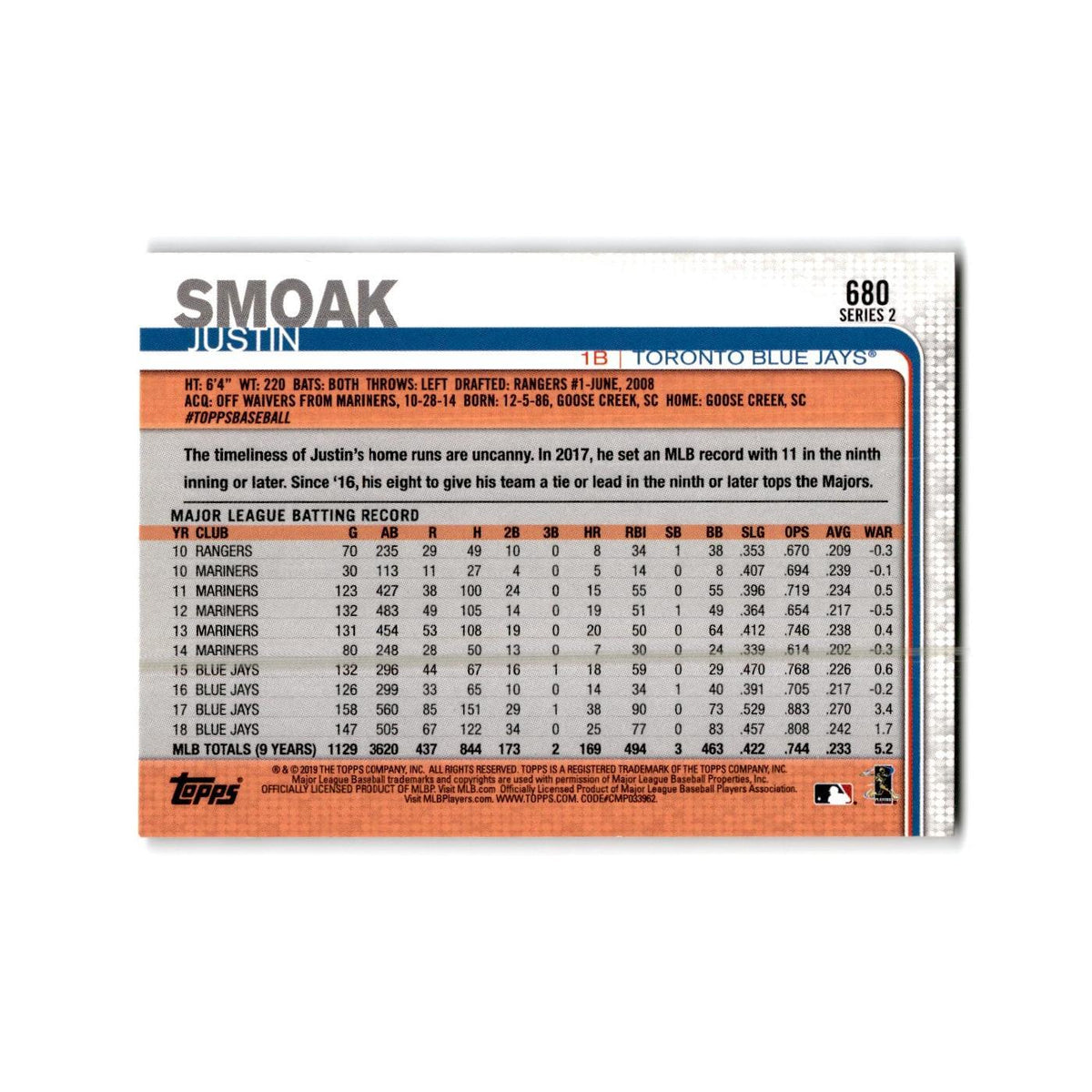 Justin Smoak 2019 Topps #680 Toronto Blue Jays Baseball Card NM