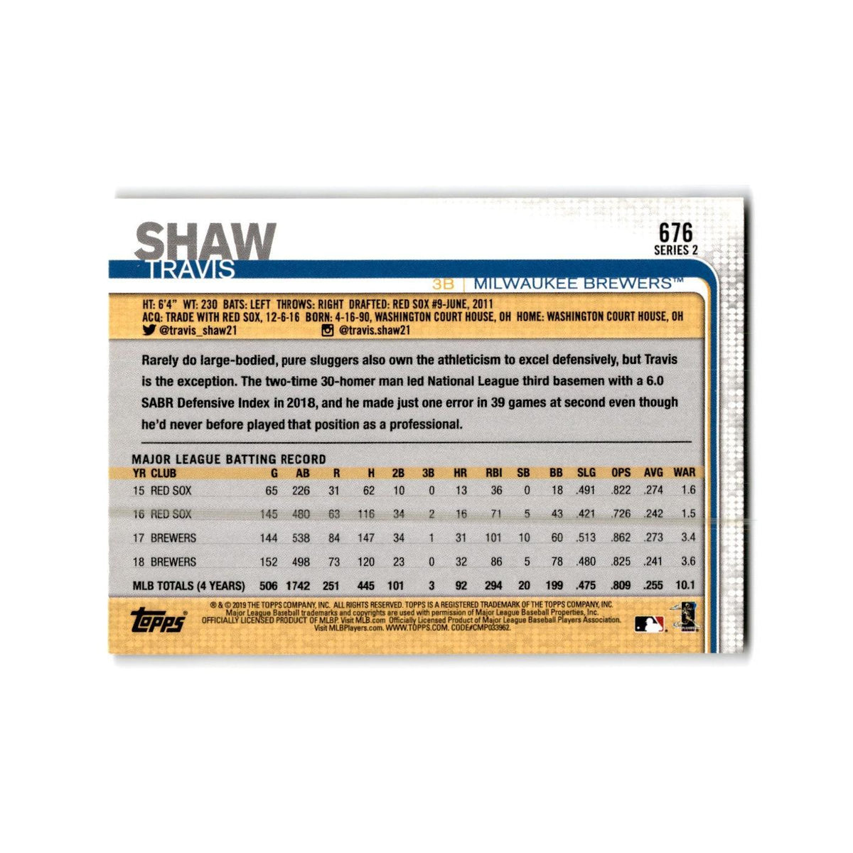 Travis Shaw 2019 Topps #676 Milwaukee Brewers Baseball Card NM