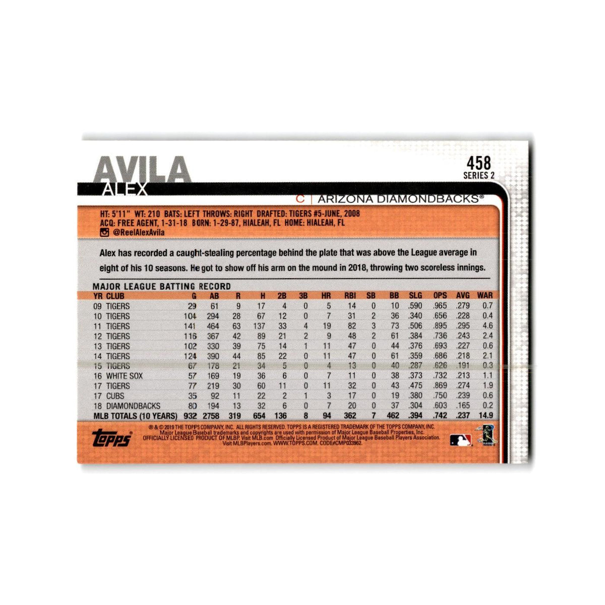 Alex Avila 2019 Topps #458 Arizona Diamondbacks Baseball Card NM