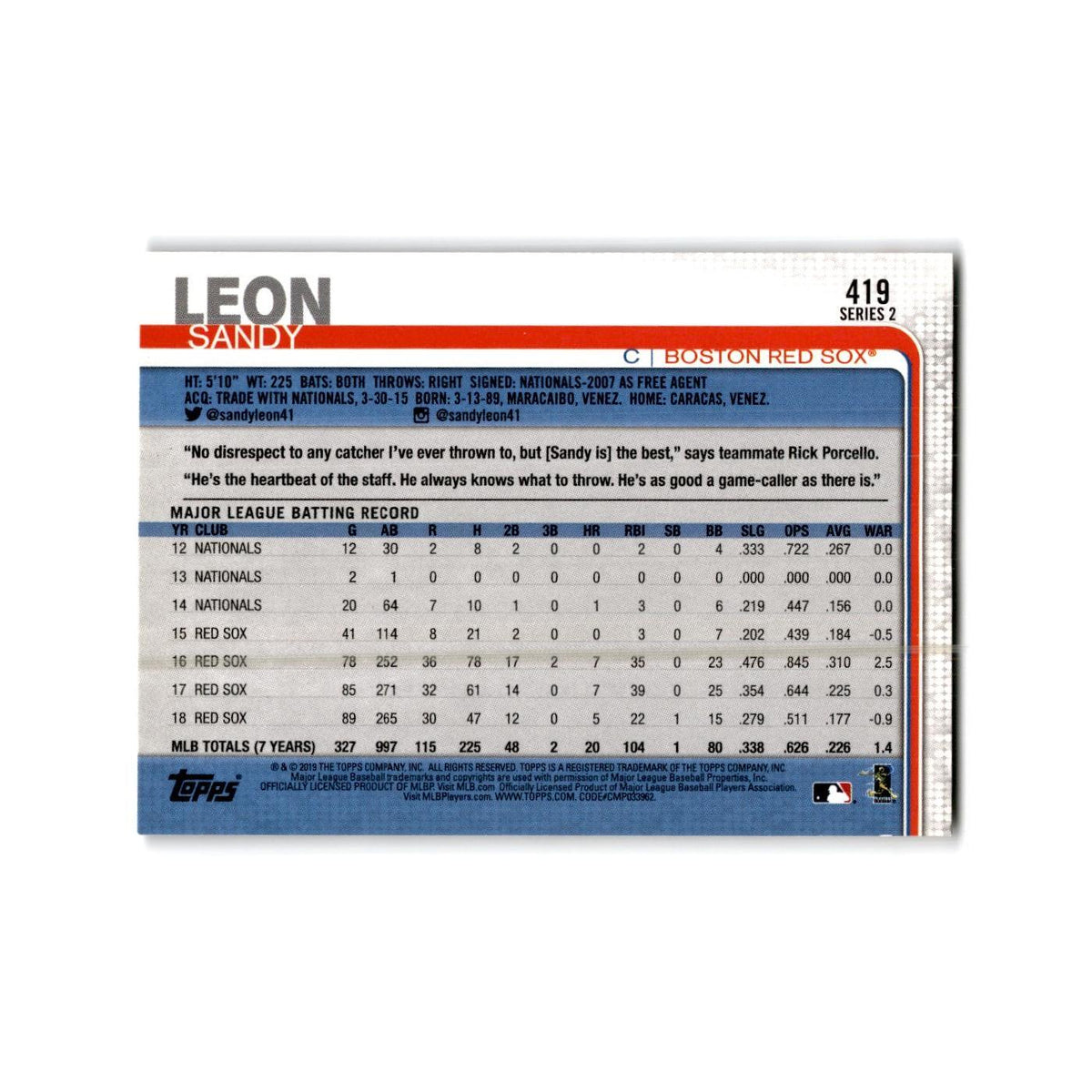 Sandy Leon 2019 Topps #419 Boston Red Sox Baseball Card NM