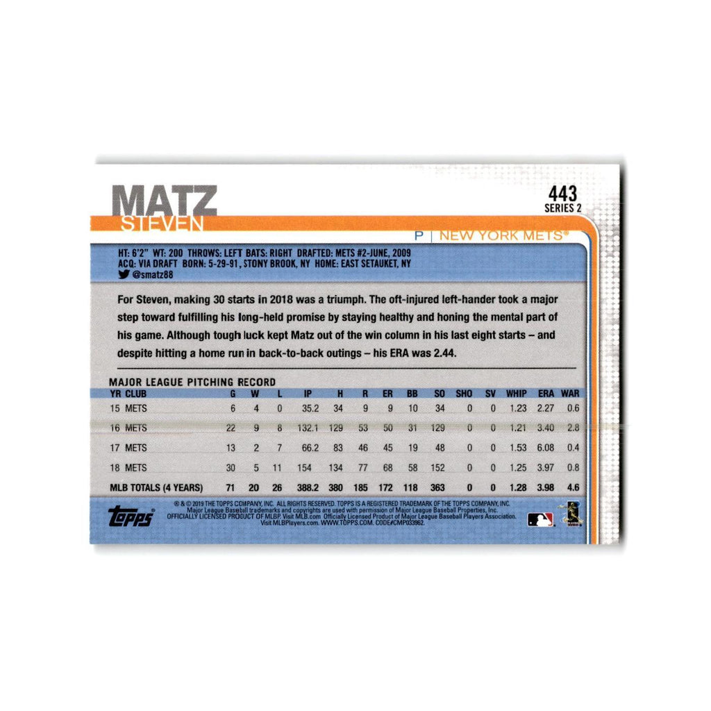 Steven Matz 2019 Topps #443 New York Mets Baseball Card NM