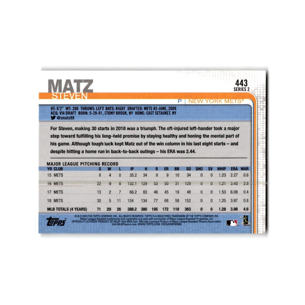 Steven Matz 2019 Topps #443 New York Mets Baseball Card NM