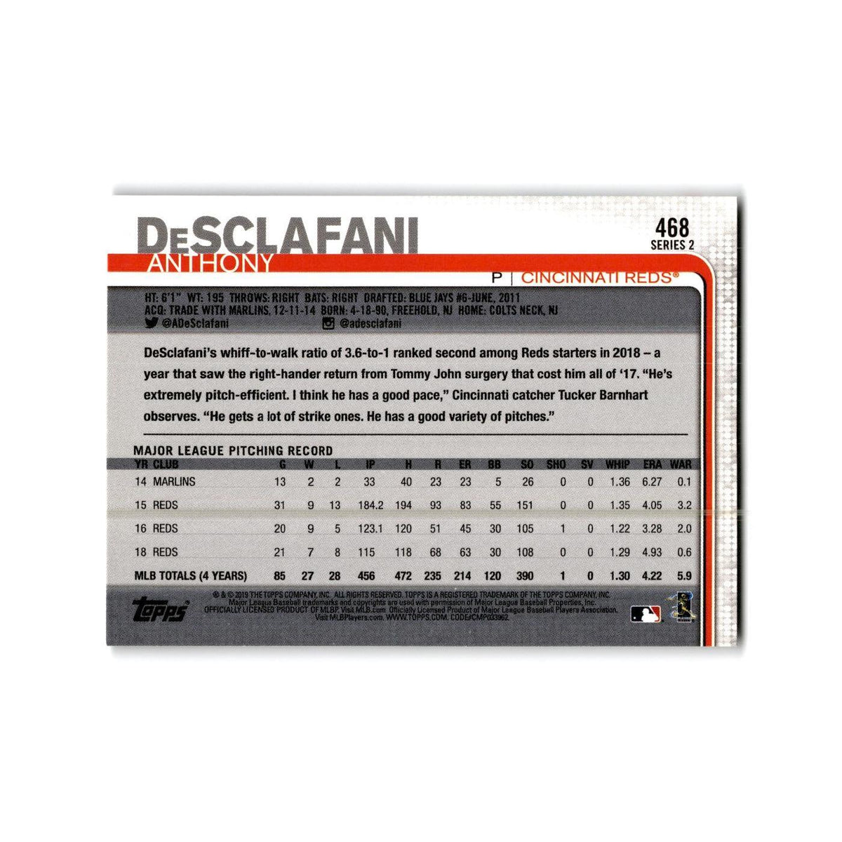 Anthony DeSclafani 2019 Topps #468 Cincinnati Reds Baseball Card NM