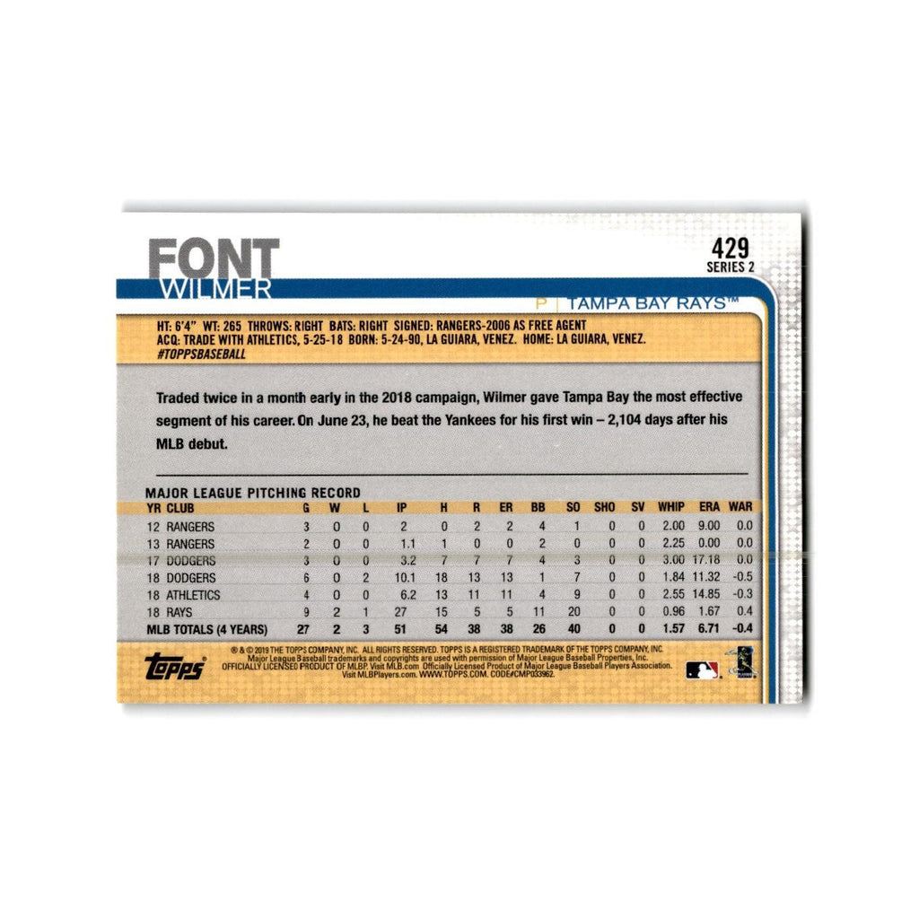Wilmer Font 2019 Topps #429 Tampa Bay Rays Baseball Card NM