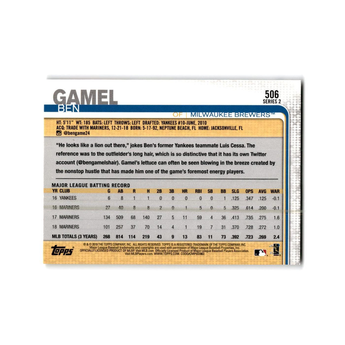 Ben Gamel 2019 Topps #506 Milwaukee Brewers Baseball Card NM